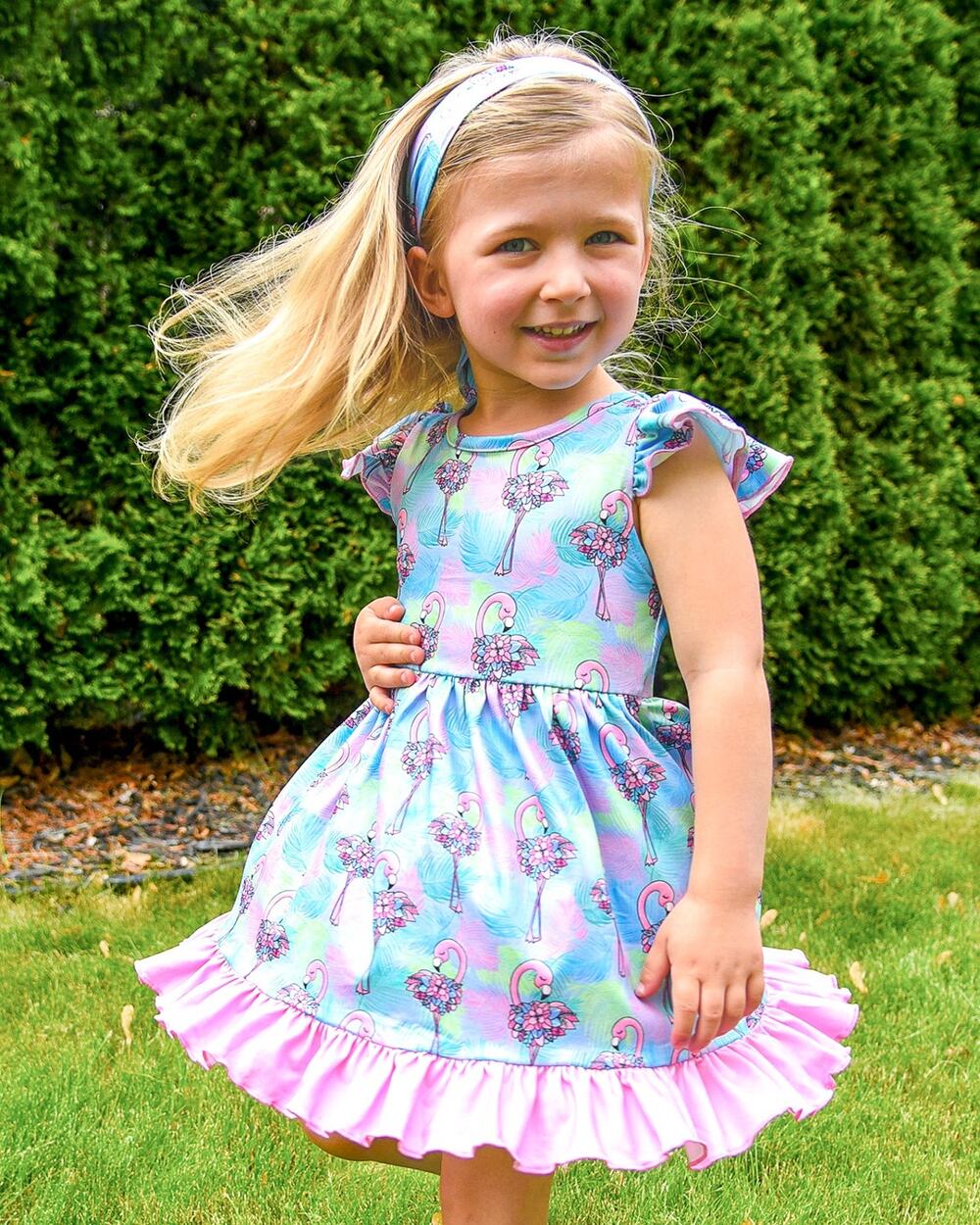 PETE + LUCY 2T Flowery Flamingo with Feathers Girls Ruffle Dress NEW